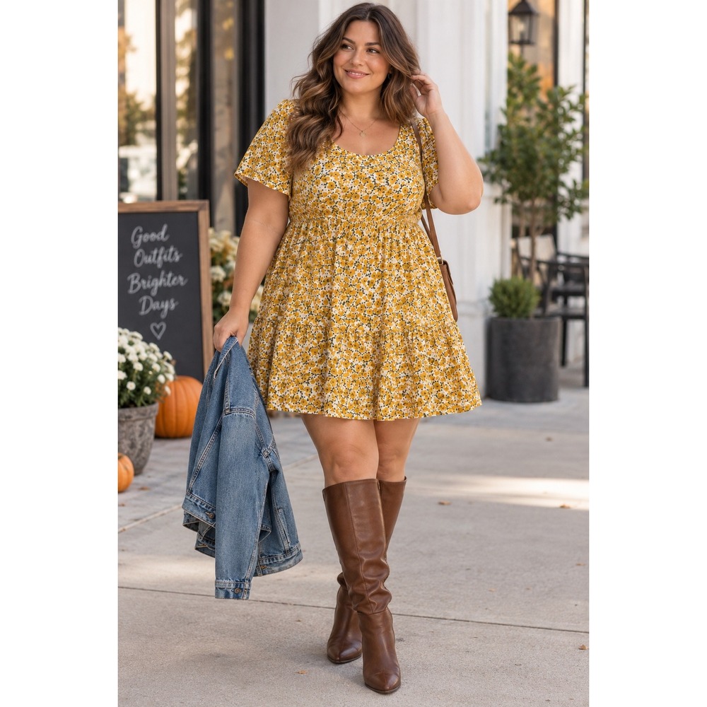 Emery Rose Floral Smock Dress Yellow Orange Ditsy Tiered Babydoll 1XL Boho